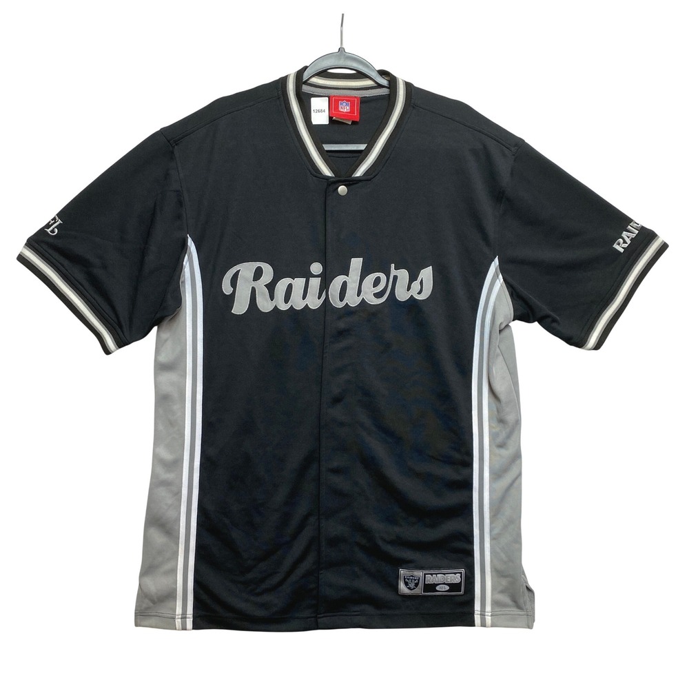 Oakland Raiders Jersey Mens M Black Snap Front Short Sleeve Top Embroidered
